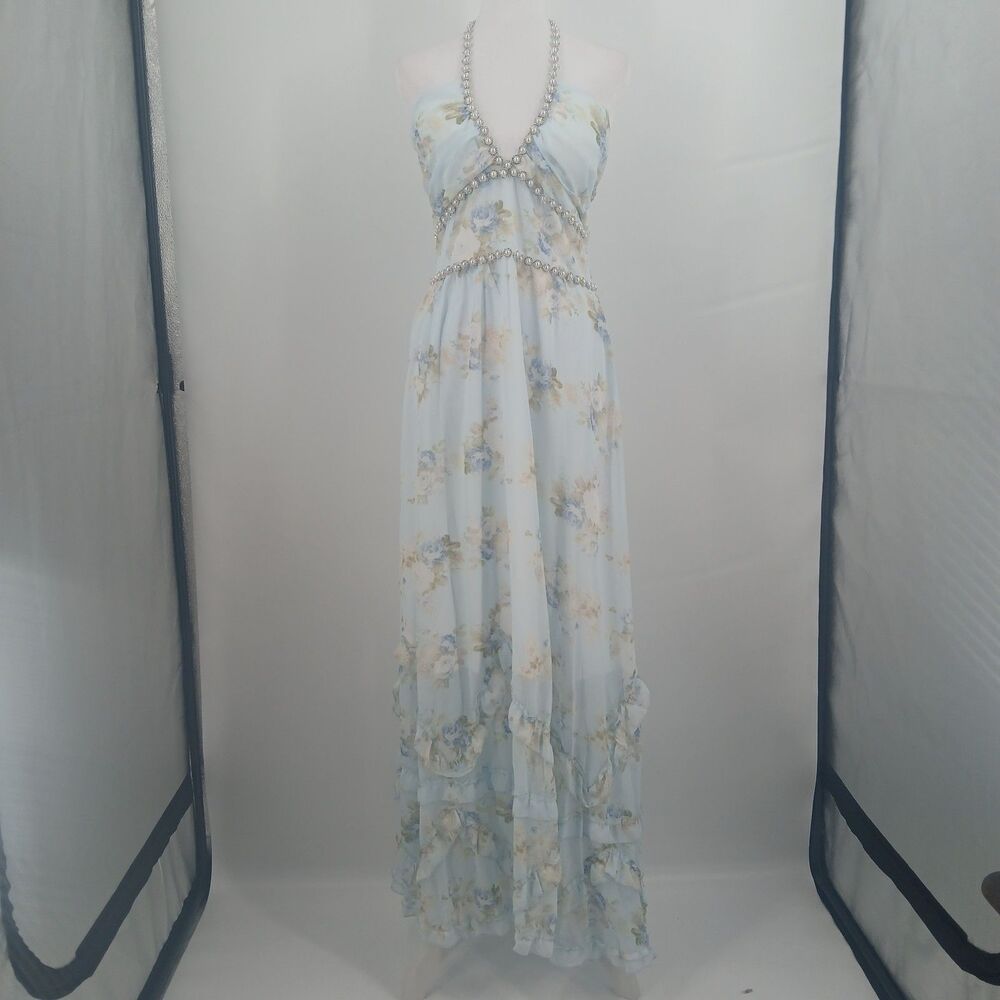 Beaded Halter Neck Maxi Dress Womens XL Blue White Floral Y2K Boho